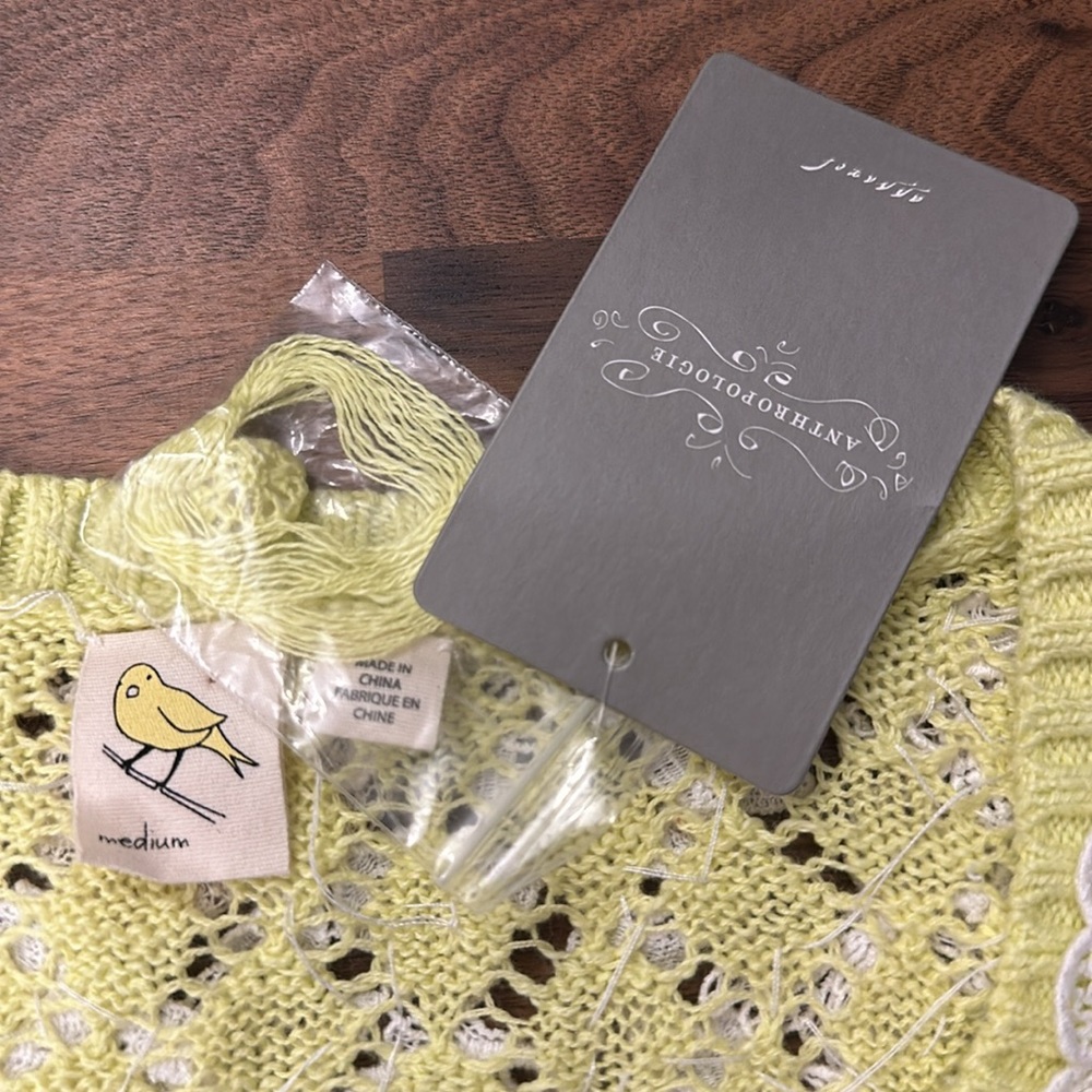NWT Anthropologie / Medium / Chartreuse L/S sweater with lace floral neckline - Picture 4 of 16